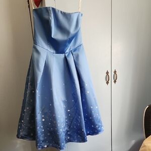 David's Bridal Strapless Light Blue Dress with Silver Dots